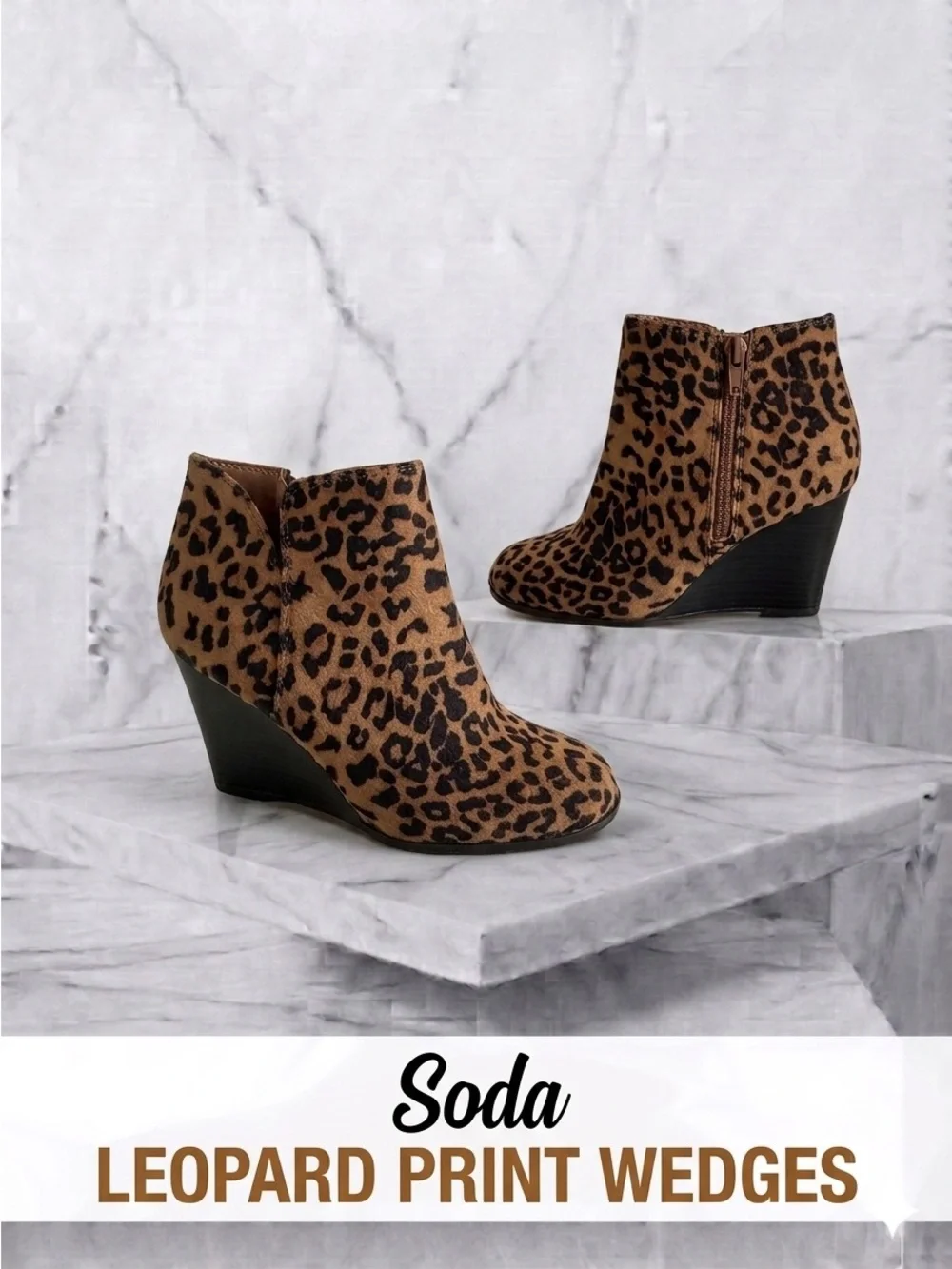 Soda Leopard Print Wedge Booties - Brown/Black Size 6.5